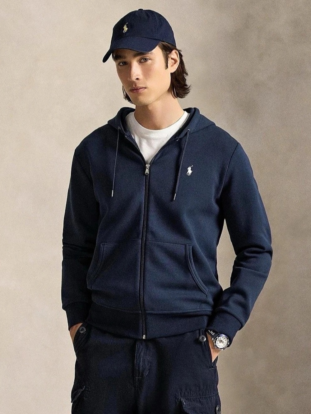 Polo Ralph Lauren Men’s Double Knit Full‑Zip Hoodie – Navy, Size Medium
